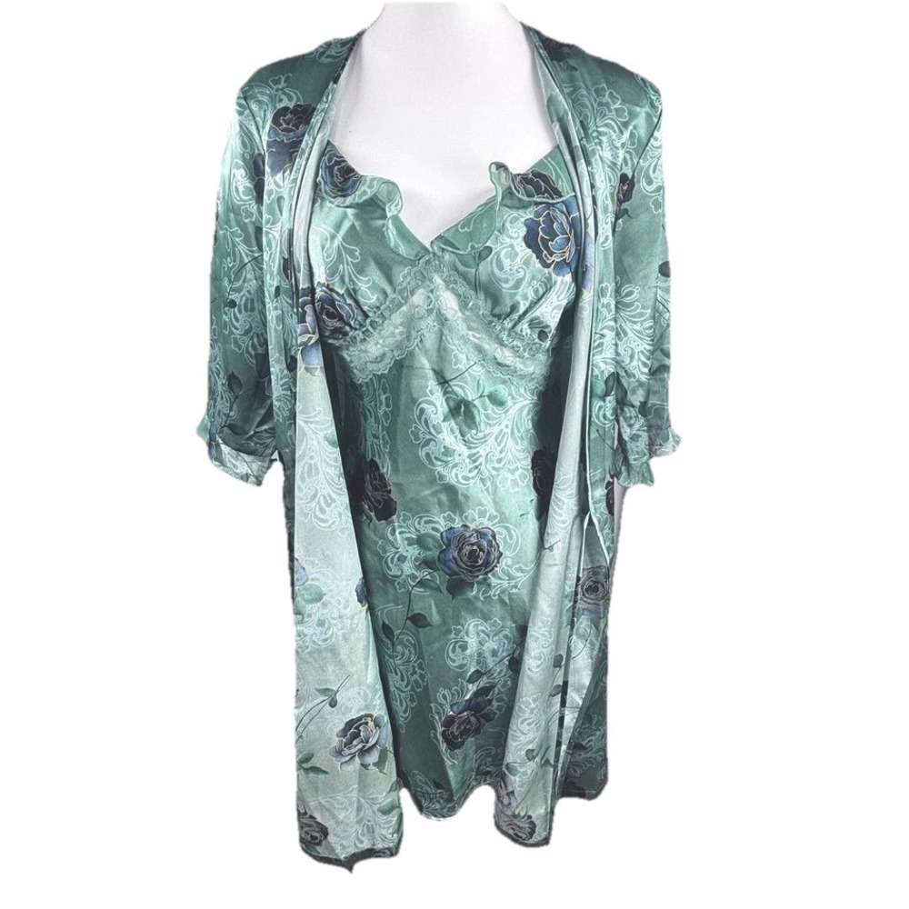 Vtg Satin Nightgown Robe Set babydoll lingerie slip Robe‎ Floral Sz Med